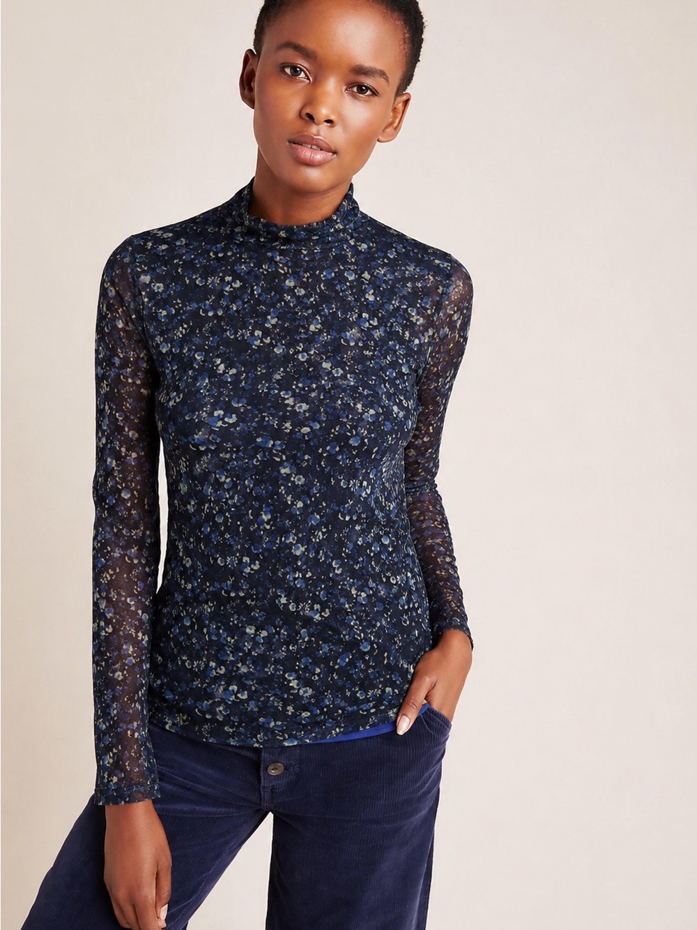 Anthropologie Sheer Floral Mock Neck Top - Navy